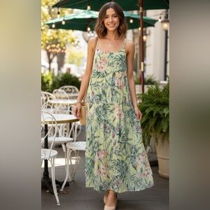 Elena Baldi Silk Blend Tiered Floral Maxi Green Sleeveless Dress Size small